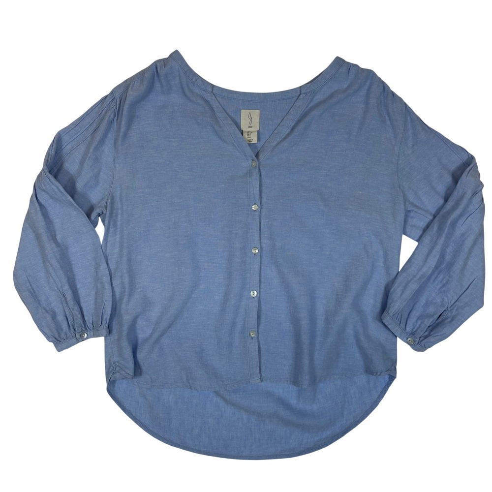 Joie Womens Blue V-Neck Button Up Long Sleeve Linen Pleated Back Blouse Sz Large